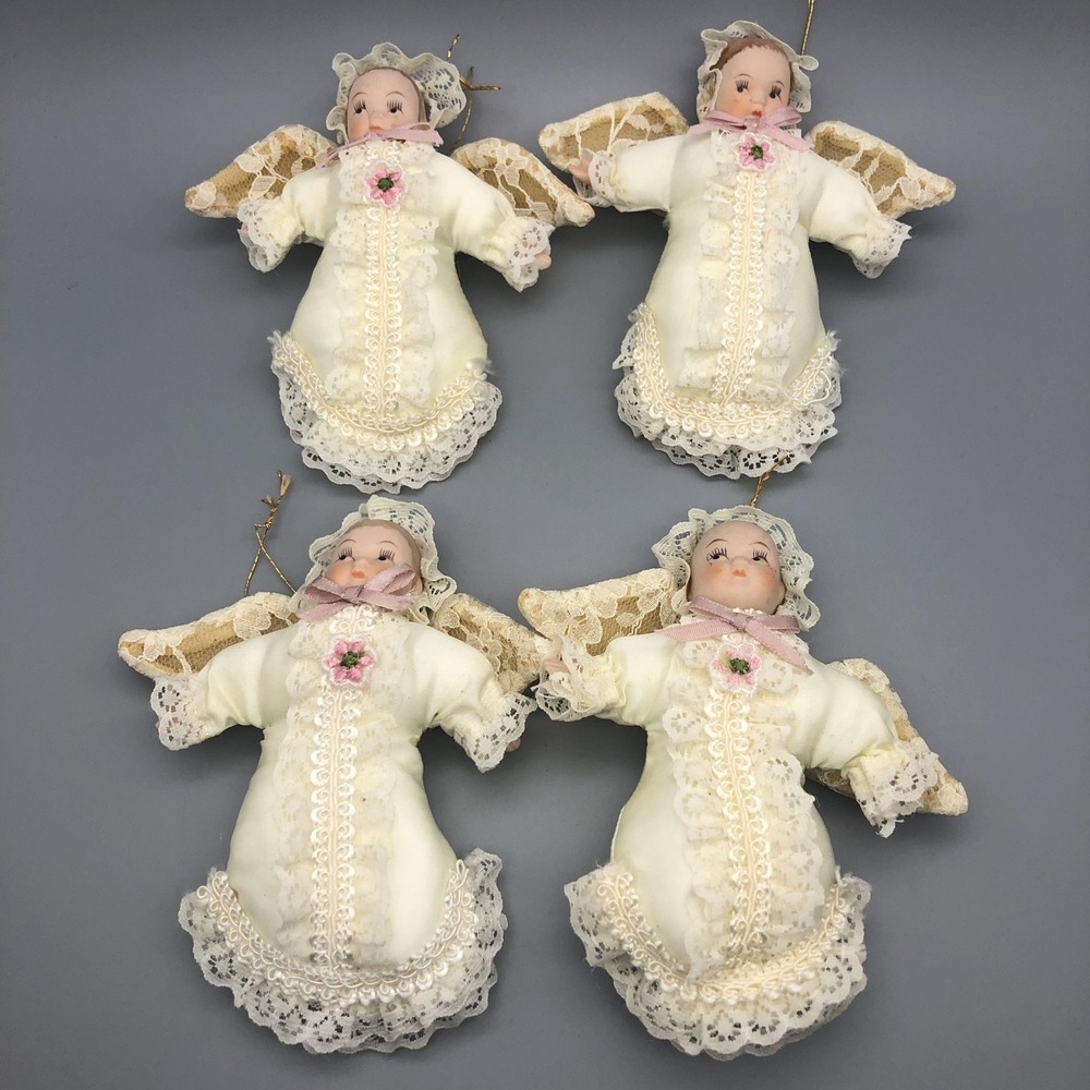 Vintage Angel Ornaments Set of 4 Porcelain Lace Dress Christmas Made in Taiwan